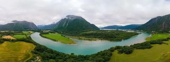 Framed Print : Wonderful aerial drone view of Rauma river, mountains and Andalsnes city Framed Print : Wonderful aerial drone view of Rauma river, mountains and Andalsnes city