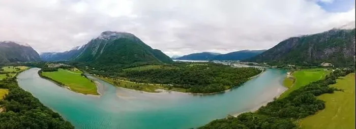 Framed Print : Wonderful aerial drone view of Rauma river, mountains and Andalsnes city Framed Print : Wonderful aerial drone view of Rauma river, mountains and Andalsnes city
