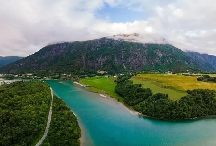 Framed Print : Wonderful aerial drone view of Rauma river, mountains and Andalsnes city Framed Print : Wonderful aerial drone view of Rauma river, mountains and Andalsnes city