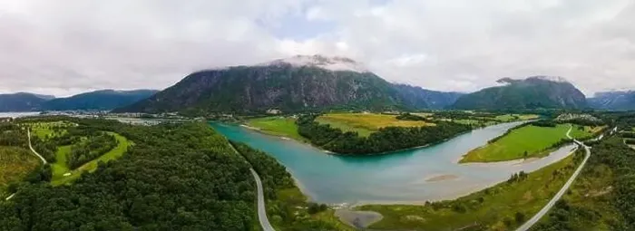Framed Print : Wonderful aerial drone view of Rauma river, mountains and Andalsnes city Framed Print : Wonderful aerial drone view of Rauma river, mountains and Andalsnes city