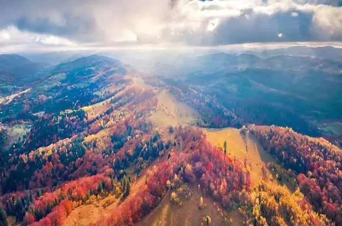 Framed Print : Wonderful autumn view from flying drone of mountain ridge Framed Print : Wonderful autumn view from flying drone of mountain ridge