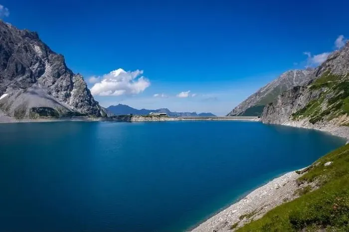 Framed Print : Wonderful landscape at the Luenersee with dam wall and rocks in Vorarlberg, Austria Framed Print : Wonderful landscape at the Luenersee with dam wall and rocks in Vorarlberg, Austria
