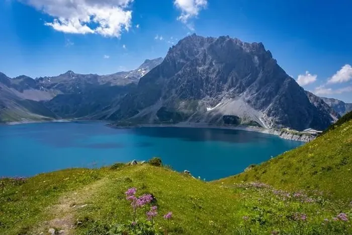Framed Print : Wonderful landscape at the Luenersee with dam wall and rocks in Vorarlberg, Austria