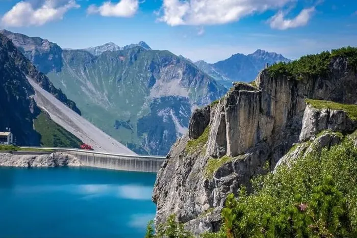Framed Print : Wonderful landscape at the Luenersee with dam wall and rocks in Vorarlberg, Austria Framed Print : Wonderful landscape at the Luenersee with dam wall and rocks in Vorarlberg, Austria