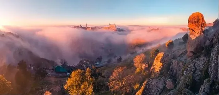 Framed Print : From above wonderful landscape of medieval castle built over city in misty colorful sunrise surrounded by clouds Framed Print : From above wonderful landscape of medieval castle built over city in misty colorful sunrise surrounded by clouds