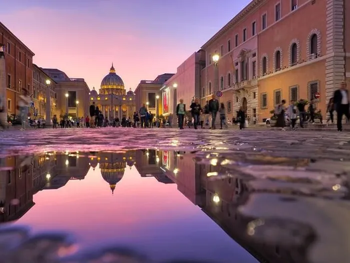 Framed Print : Wonderful view of St Peter Cathedral, Vatican, Rome, Italy. Sunset sky with night city lights