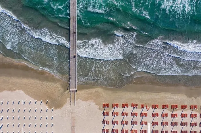Framed Print : Wood bridge in clear blue sea or ocean from drone look like heaven or paradise Framed Print : Wood bridge in clear blue sea or ocean from drone look like heaven or paradise