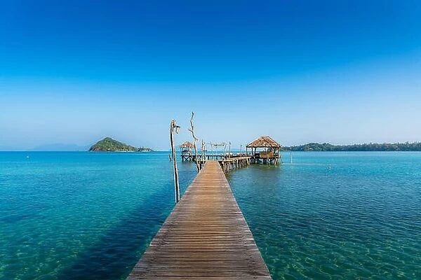 Wooden bar in sea and hut with clear sky in Koh Mak at Trat, Thailand. Summer, Travel, Vacation and Holiday concept