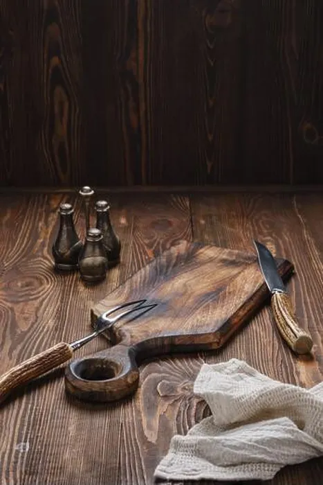 Framed Print : Empty wooden cutting board, fork and knife with for steak Framed Print : Empty wooden cutting board, fork and knife with for steak