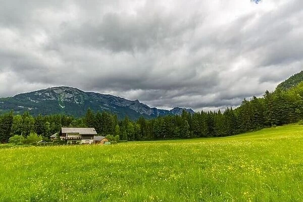 Wooden hut on meadow and high Bavarian alps, Germany