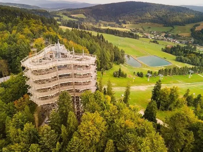 Framed Print : Wooden Loookout Tower in Slotwiny Arena, Krynica, Poland. Aerial Drone View Framed Print : Wooden Loookout Tower in Slotwiny Arena, Krynica, Poland. Aerial Drone View