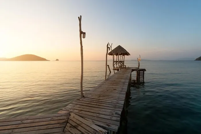 Framed Print : Wooden pier between sunset in Phuket, Thailand. Summer, Travel, Vacation and Holiday concept
