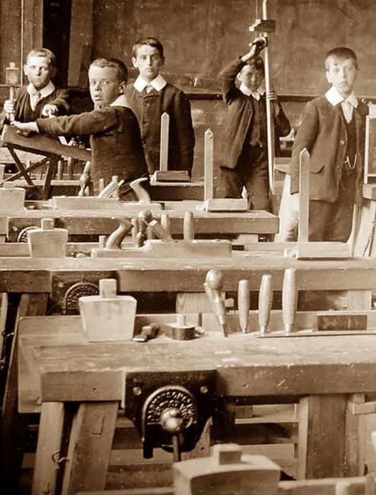 Framed Print : Woodworking class, Victorian period Framed Print : Woodworking class, Victorian period