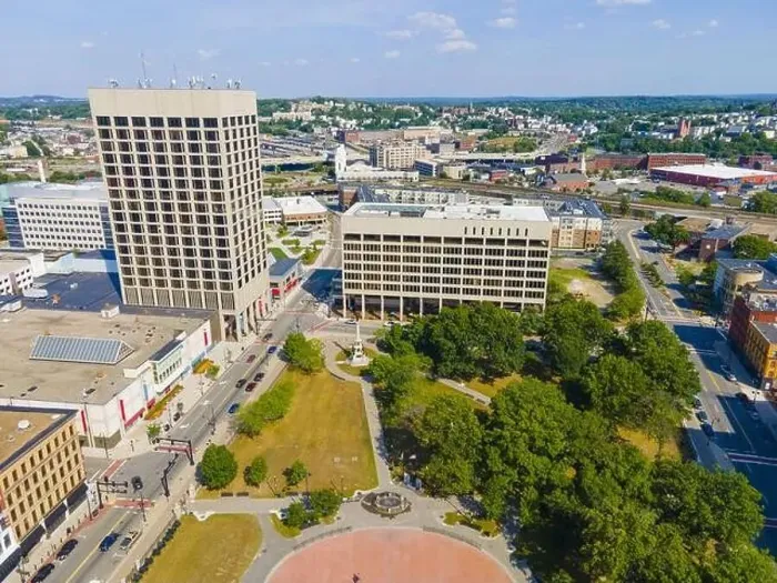 Framed Print : Worcester city center aerial view including Mercantile Center building near city hall with modern skyline at background Framed Print : Worcester city center aerial view including Mercantile Center building near city hall with modern skyline at background