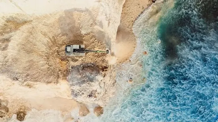 Framed Print : The work of escalators and the destroying of the cliff in Uluwatu, Bali. Aerial drone view Framed Print : The work of escalators and the destroying of the cliff in Uluwatu, Bali. Aerial drone view