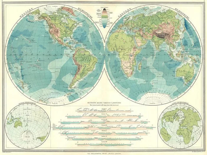 Framed Print : WORLD: Hemispheres: Physical; Western Hemisphere; Eastern; Water Land, 1907 map Framed Print : WORLD: Hemispheres: Physical; Western Hemisphere; Eastern; Water Land, 1907 map