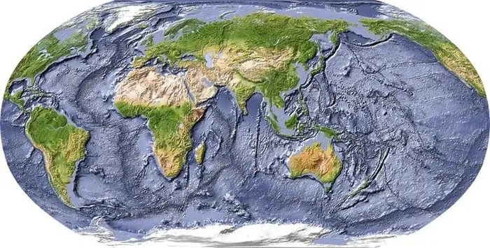 Framed Print : World map, shaded relief, with shaded ocean floor, centered on India Framed Print : World map, shaded relief, with shaded ocean floor, centered on India