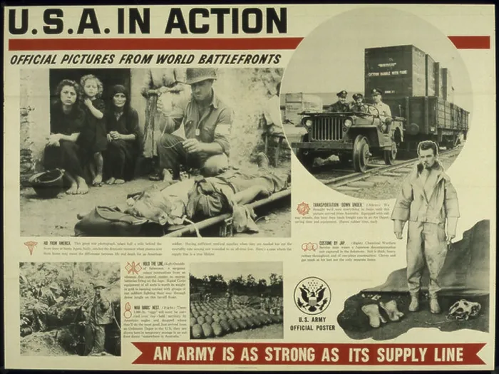 Framed Print : This World War II propaganda poster emphasizes the critical role of supply lines in maintaining military strength Framed Print : This World War II propaganda poster emphasizes the critical role of supply lines in maintaining military strength