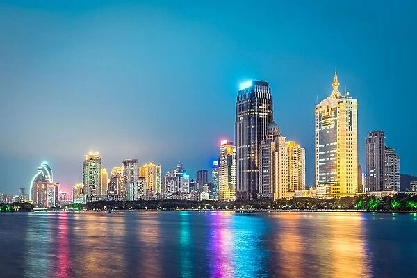 Xiamen, China skyline on Yundang Lake at twilight