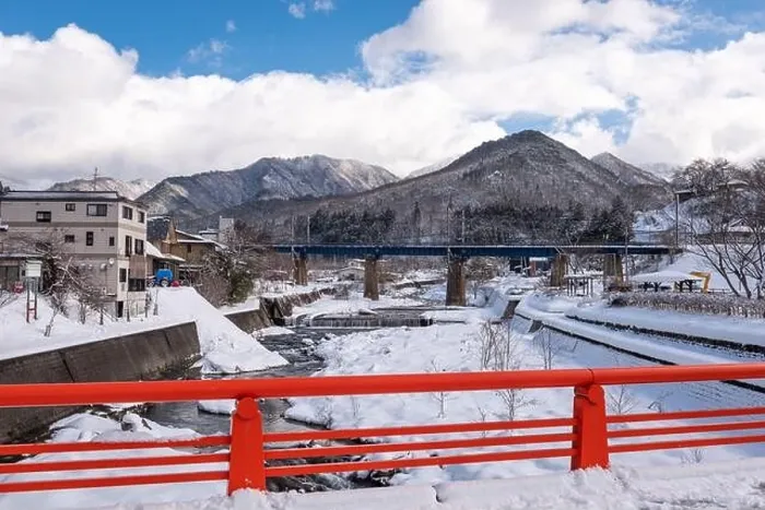 Framed Print : Yamadera, Yamagata, Japan town view over the Tachiya River on a winters day Framed Print : Yamadera, Yamagata, Japan town view over the Tachiya River on a winters day