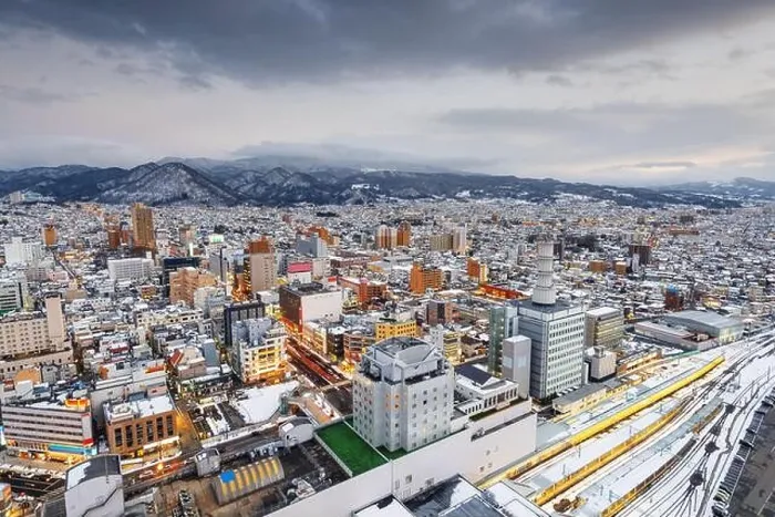 Framed Print : Yamagata, Japan downtown city skyline at twilight in winter Framed Print : Yamagata, Japan downtown city skyline at twilight in winter