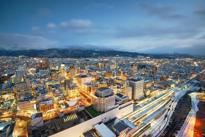 Framed Print : Yamagata, Japan downtown city skyline at twilight in winter Framed Print : Yamagata, Japan downtown city skyline at twilight in winter