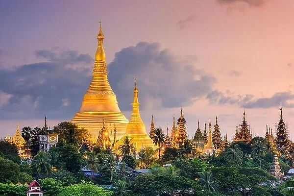 Yangon, Myanmar view of Shwedagon Pagoda at dusk