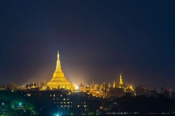 Yangon, Myanmar view of Shwedagon Pagoda at night