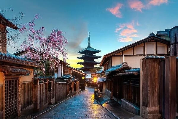 Yasaka Pagoda and Sannen Zaka Street with cherry blossom in the Morning, Kyoto, Japan