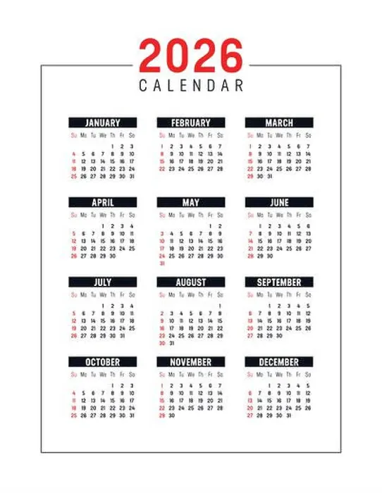 Framed Print : Year 2026 red black vertical calendar on white background, vector template in English