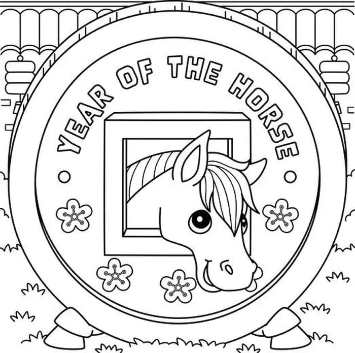 Framed Print : Year of the Horse Chinese Coin Coloring Page Framed Print : Year of the Horse Chinese Coin Coloring Page
