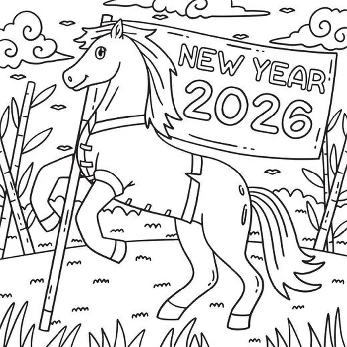 Framed Print : Year of the Horse with New Year 2026 Flag Coloring Framed Print : Year of the Horse with New Year 2026 Flag Coloring