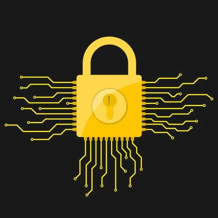 Framed Print : Yellow electronic lock icon in flat design. Vector illustration. Information security concept, on black background