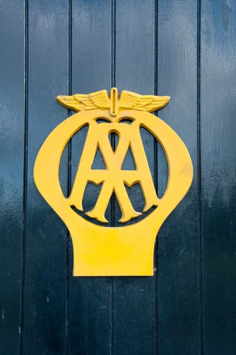 Framed Print : Yellow logo symbol of AA Automobile Association close-up (on box 442 -historic iconic roadside phone kiosk) - Aysgarth