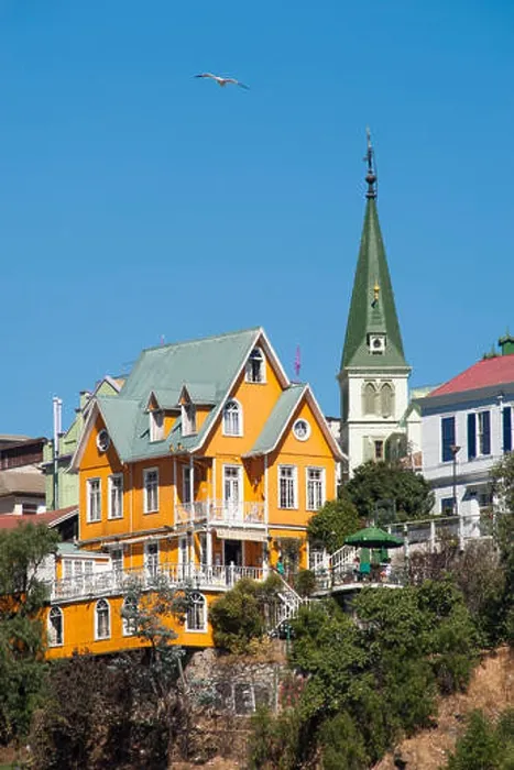 Framed Print : Yellow wooden house and church, Valparaiso, Valparaiso, Chile Framed Print : Yellow wooden house and church, Valparaiso, Valparaiso, Chile