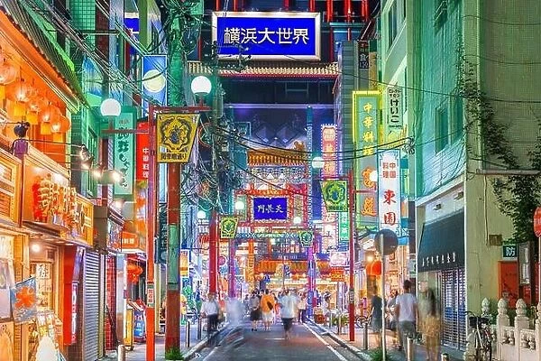 YOKOHAMA, JAPAN - AUGUST 15, 2015: Yokohama's Chinatown district at night. It is the largest Chinatown in Japan
