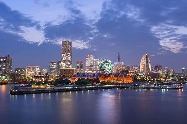 Yokohama, Japan city skyline from the bay at twilight