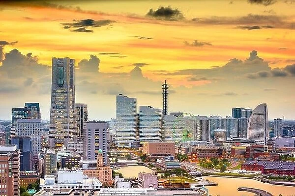 Yokohama, Japan harbor and downtown skyline at dusk