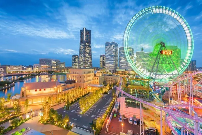Framed Print : Yokohama, Japan skyline at dusk towards the Minato Mirai district at dusk Framed Print : Yokohama, Japan skyline at dusk towards the Minato Mirai district at dusk