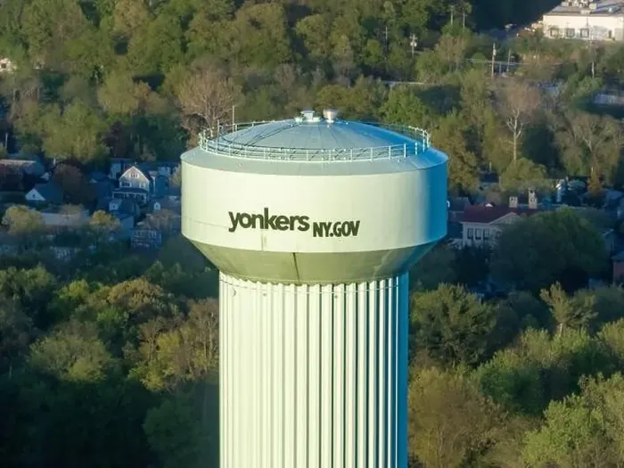 Framed Print : Yonkers, NY, USA - 05-02-2024: Aerial photos of green elevated water tower located in Yonkers, New York, USA Framed Print : Yonkers, NY, USA - 05-02-2024: Aerial photos of green elevated water tower located in Yonkers, New York, USA