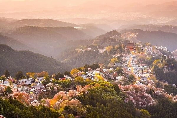 Yoshinoyama, Nara, Japan view of town and cherry trees during the spring season