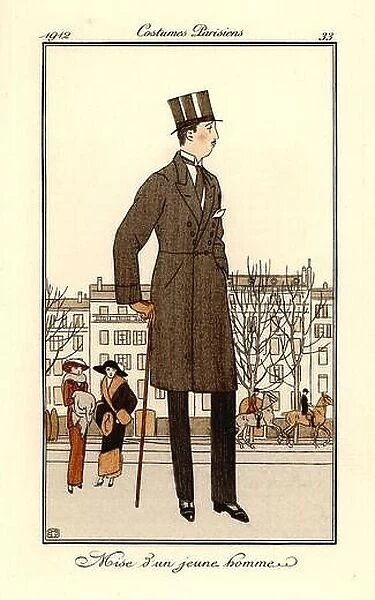 Young man in fashionable outfit with top hat and cane, 1912. Mise dun jeune homme. Handcoloured pochoir (stencil)
