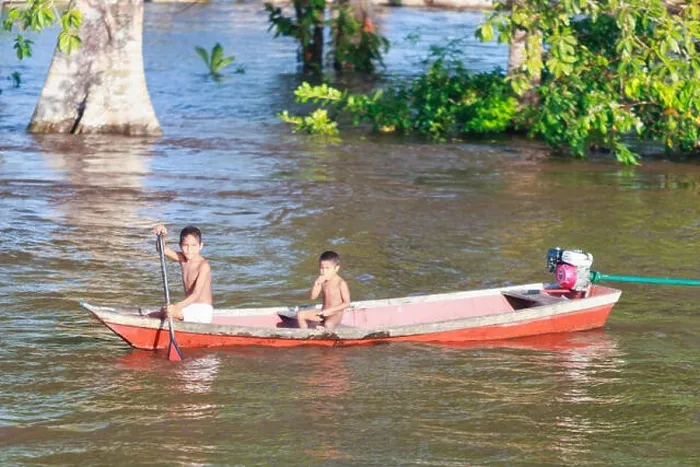 Framed Print : Young native children on the Amazon river during the wet season. 2 boys Framed Print : Young native children on the Amazon river during the wet season. 2 boys
