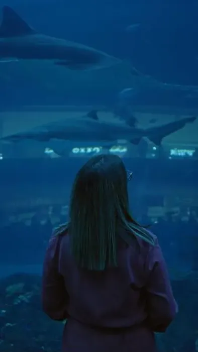 Framed Print : A young woman gazes at sharks in a dimly lit underwater aquarium in dubai, expressing awe and curiosity Framed Print : A young woman gazes at sharks in a dimly lit underwater aquarium in dubai, expressing awe and curiosity