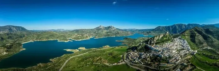 Framed Print : Zahara de la Sierra aerial view of medieval castle, hilltop village and lake near Sevilla Spain Framed Print : Zahara de la Sierra aerial view of medieval castle, hilltop village and lake near Sevilla Spain