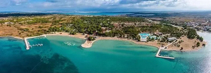 Framed Print : Zaton, Croatia - Aerial panoramic view of Zaton Holiday Resort tourist waterfront with turquoise sea water at Nin