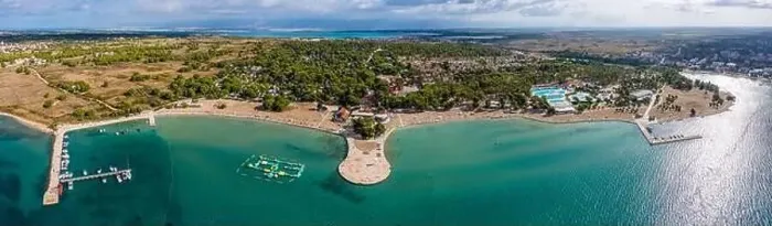 Framed Print : Zaton, Croatia - Aerial panoramic view of Zaton tourist waterfront with turquoise sea water Framed Print : Zaton, Croatia - Aerial panoramic view of Zaton tourist waterfront with turquoise sea water