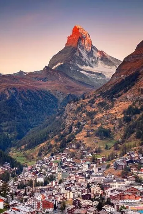Framed Print : Zermatt, Switzerland. Image of iconic village of Zermatt, Switzerland with the Matterhorn in the background at beautiful sunny autumn sunrise