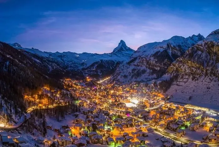 Framed Print : Zermatt Town and Matterhorn Mountain at Winter Night. Swiss Alps, Switzerland. Aerial View Framed Print : Zermatt Town and Matterhorn Mountain at Winter Night. Swiss Alps, Switzerland. Aerial View