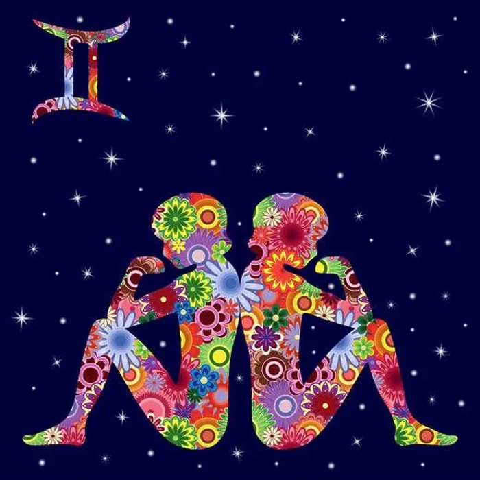 Framed Print : Zodiac sign Gemini with colorful flowers fill on a background of the dark blue starry sky, vector illustration Framed Print : Zodiac sign Gemini with colorful flowers fill on a background of the dark blue starry sky, vector illustration